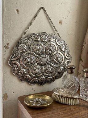 Vintage Turkish .900 Silver Repousse Hanging Wedding Mirror